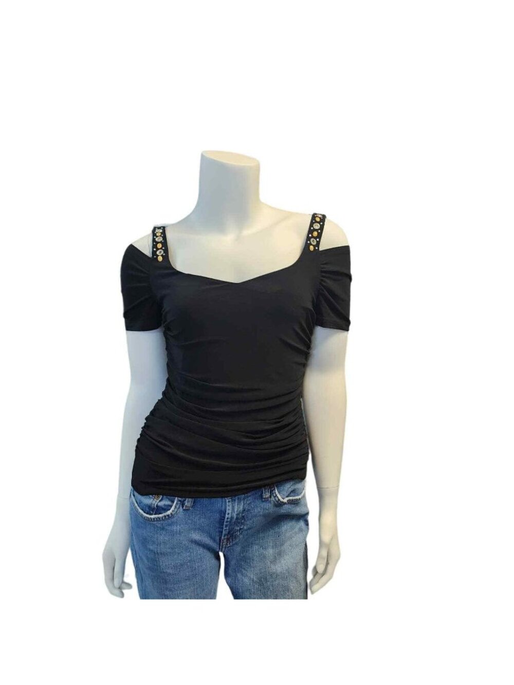 Women's Joseph Ribkoff Black Top With Gem Straps Size 6